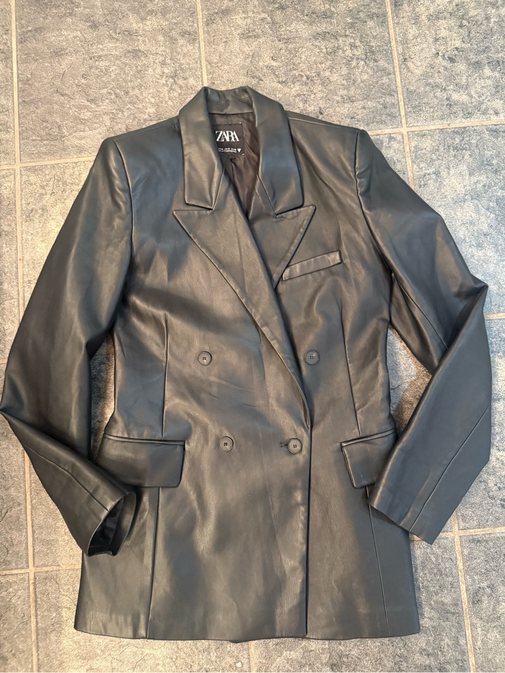 Zara Faux Leather Black Double Breasted Blazer